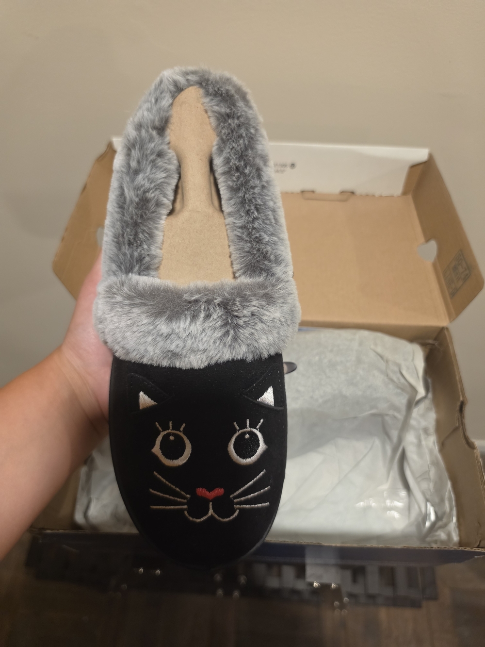 BOBS Black Cat Faux Fur Lined Slipper